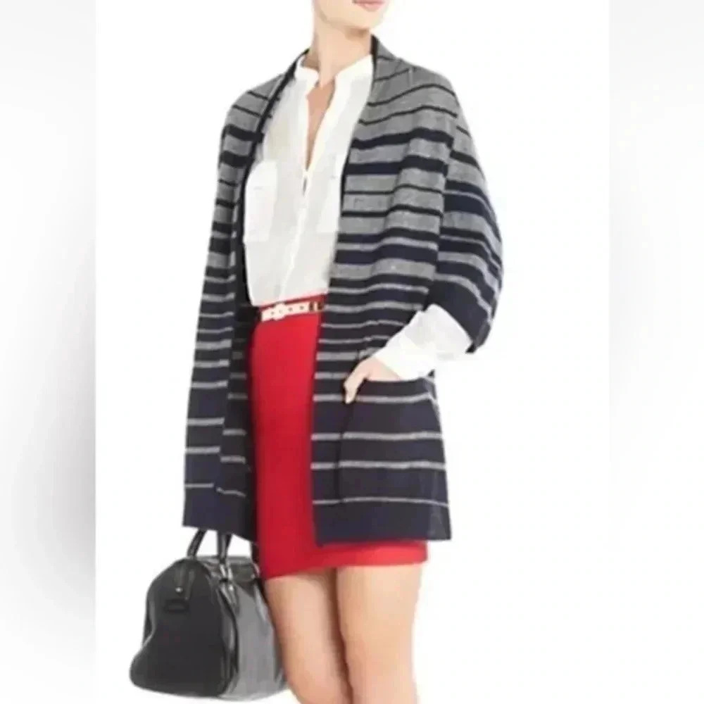 BCBGMAXAZRIA Y2K Gaby Navy Grey Wool Cashmere Blend Open Front Cardigan Size XS